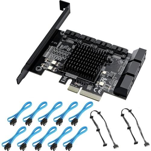 PCIe SATA Card 10 Port with 10 SATA Cables and 2 SATA Power Splitter Cables, SATA Controller Expansion Card