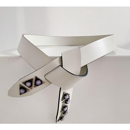2021SS women White Leather Belt with Purple GEM Detail Fashion Tied Belts For Coat Dress Tops