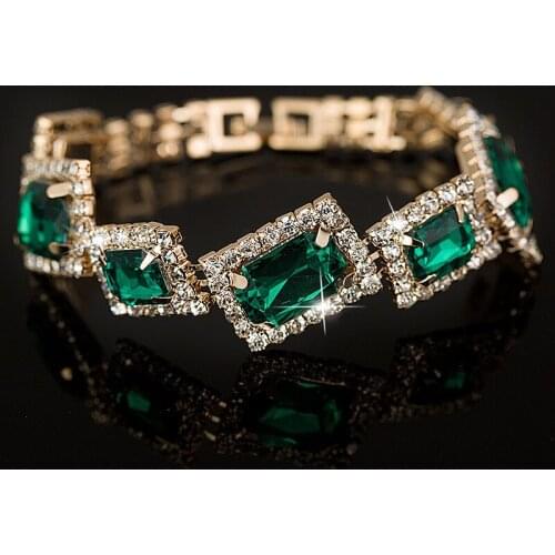 Luxurious Dark Green Crystal Crystal Bracelet Golden Delicate Woman Rhinestone Geometry Trendy Chain Link Bracelets Jewellery