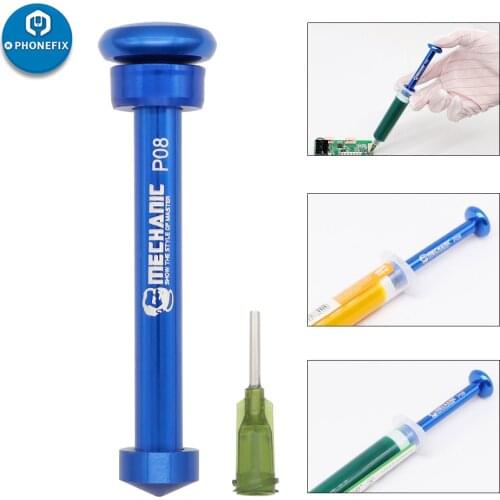 Blue Metal Durable Plunger Dispenser BGA Solder Paste Flux Plunger Dispenser Tool Manual Syringe 3pcs Needle Welding Repair Tool