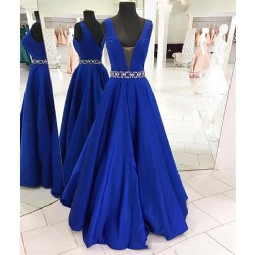 Gorgeous A Line Blue Evening Dress Plunging V Neck Sleeveless Evening Gowns Crystals Waist Long Formal Prom 2020 Party Gowns