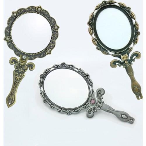 Vintage Metal Mirrors Women Handheld Long Handle Makeup Mirrors Mini Vintage Decoration Folding Mirror