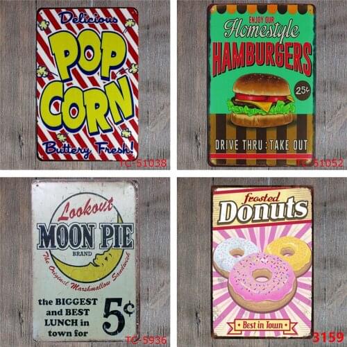 Delicious Dessert Foods Vintage Metal Signs Popcorn Buttery Fresh Hamburgers Donuts Moon Pie Classic Restaurant Decor Billboard