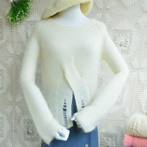 Ladies women spring autumn hairy fuzzy mohair fashion short style split round neck pullover angora goat wool jumper sweater pull