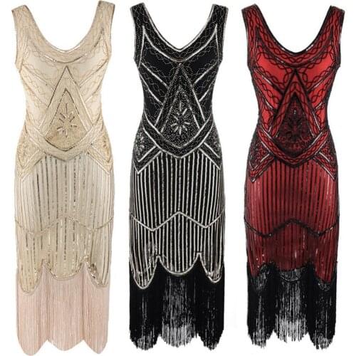 Women 1920s Vintage Great Gatsby Dress Double V-Neck Sleeveless Beaded Sequin Tassel Dress Art Deco Flapper Dress for Party