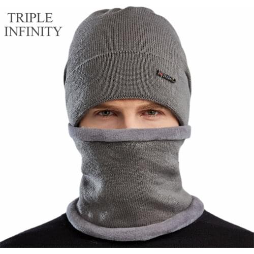 TRIPLE INFINITY High Quality Winter Hat Add Fur Warm Beanies Hat Baggy Skullies Knitted Hat For Men Ski Sports Beanies Bonnet