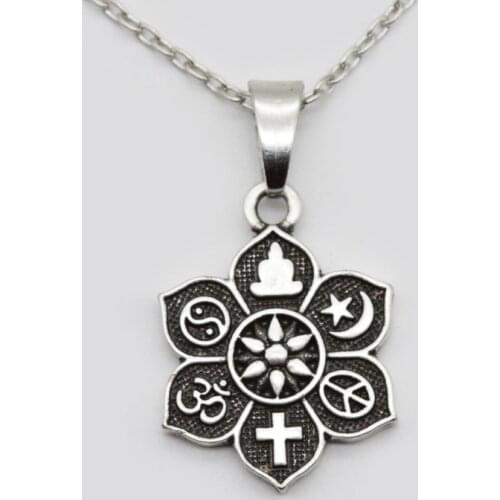 10pcs COEXIST Tibetan Silver Lotus Pendant OM Religious Belief Necklace For Women Men Fashion Jewelry SGL221