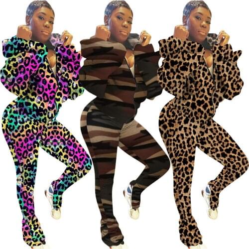 17F8299 Autumn Winter Women Casual Fashion Loose Print Backless with Hood Zipper Two Piece Set Tracksuit Sweatsuit Outfits