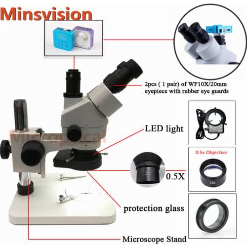 Minsvision 7X-45X Trinocular Stereo Zoom Microscope 16MP Camera HDMI TF Card Storage 60 pc Microscope Light Ring