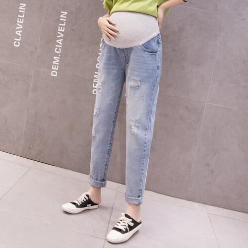 8820 2021 Spring Denim Maternity Jeans Ripped Hole Washed Elastic Waist Pants for Pregnant Women Casual Loose Pregnancy Trousers