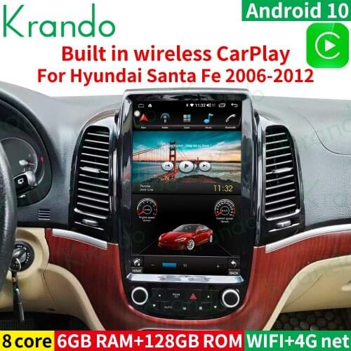 Krando 12.1" car dvd player android 10.0 For Hyundai Santa Fe 2006-2012 car audio system with touch screen 6+128gb wifi carplay
