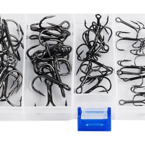 50pcs Black Fishing Hooks 2/0# 1# 3# 5# 7# High Carbon Steel Treble Hooks