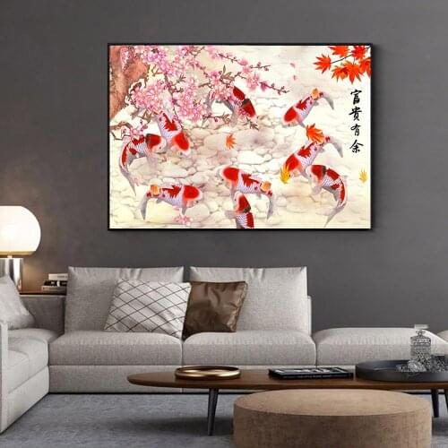 Koi Fish Plum Blossom Pictures Oil Painting on Canvas Posters and Printings Picture For Living Room Study Decoration Unstretched