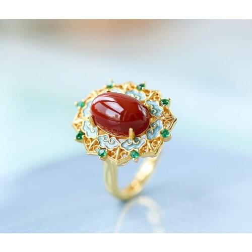 Ancient gold craftsmanship southern red tourmaline oval enamel porcelain adjustable ring Chinese style retro ladies jewelry