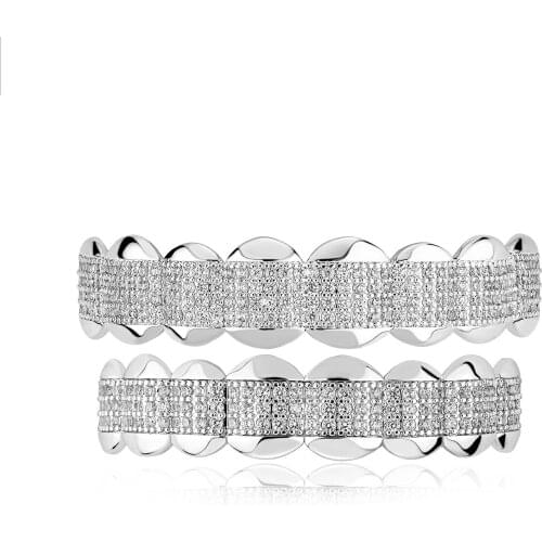 Bling Iced Out CZ Grillz Top & Bottom Grill Set 18k White Gold Mens Hip Hop Jewelry Gift