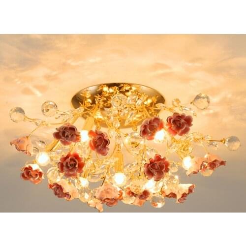 Nordic Luxury Living Room led Ceiling Light Modern Dining Room Bedroom Ceiling Lamps Round Ceramic Flower Crystal Light For Home