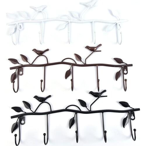 Retro 5 Hooks Wrought Iron Bird Shape Hook Leaf Wall Robe Hanger Key Coat Holder