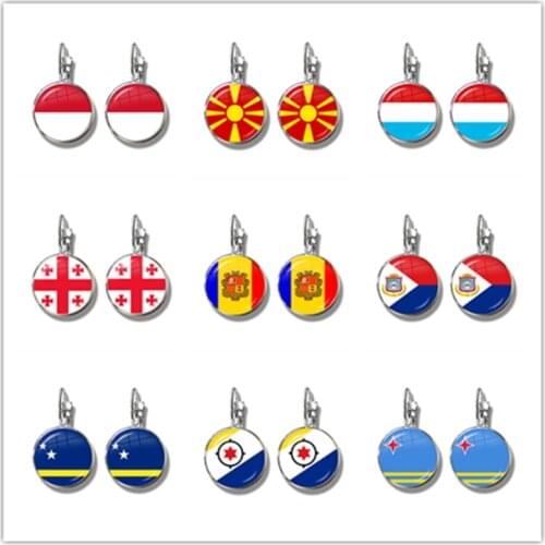 MCO,Macedonian, Luxembourg, Georgia, Andorra, Eilandgebied Sint Maarten,Curacao,Bonaire, Aruba Nation Flag French Hook Earrings