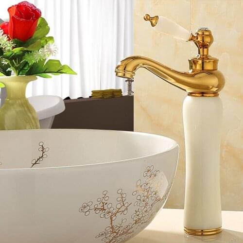 Basin Faucet Brass Sink Mixer Tap Bathroom Hot & Cold Faucet Single Handle Jade Body Luxury Lavatory Crane Tap Gold Finished