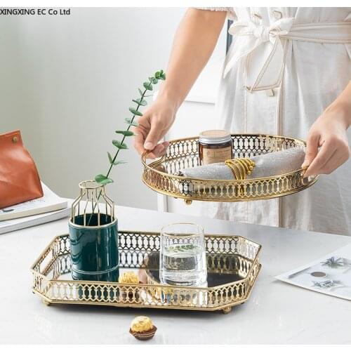 European Style Light Luxury Household Metal Mirror Tray Wedding Decoration Rectangular Round Cosmetic Decoration Storage Box