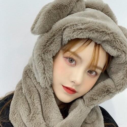 Women Cute Bunny Fluffy Plush Earflap Hat with Moving Jumping Rabbit Ears Thicken Warm Beanie Cap Neck Warmer Scarf Cosplay Part