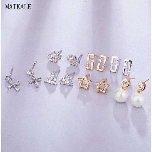 MAIKALE Cute Charm Small Star/Cross/triangle/hand Shape Cubic Zirconia Pearl Copper Stud Earrings for Women Jewelry Girl Gift