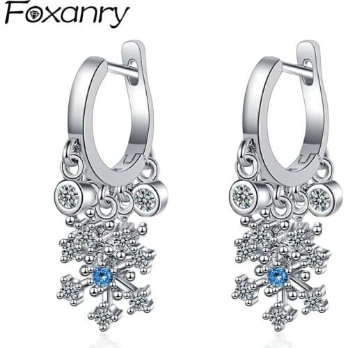 FOXANRY Prevent Allergy 925 Sterling Silver Drop Earrings for Women New Trendy Elegant Sparkling Zircon Snowflake Bride Jewelry