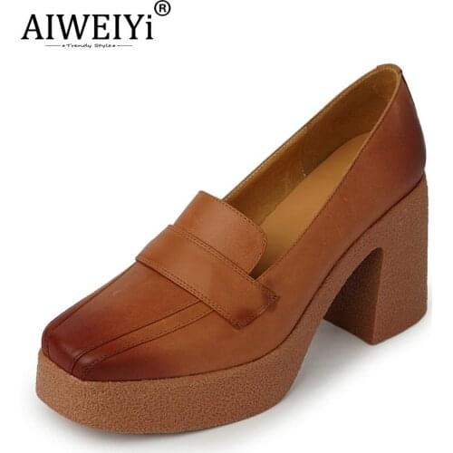 AIWEIYi Square Toe Thick-Heeled Shoes Women Genuine Leather Waterproof Platform High-Heeled Shoes British Style Retro Lady Shoes