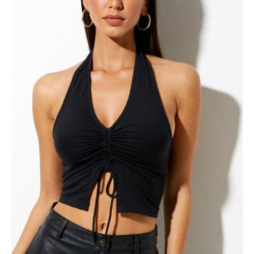 Lady Casual Sexy Ruched Crop Tops Solid Sleeveless Halter Backless Off Shoulder Vest Tank Tops V Neck Split Drawstring Tee Women