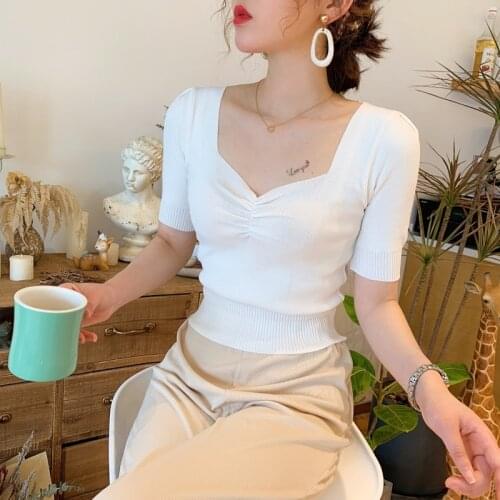 Summer Women Ice Silk Knit Top Short Sleeve T-shirt Sexy Pleated Slim Square Collar Tops Casual Solid Puff Sleeve T Shirt
