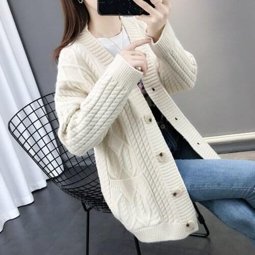 Autumn Winter Knitted Sweater Cardigans Women Clothes Fashion V Neck Long Sleeve Pocket Loose Tops Female Cardigan Tide G1388