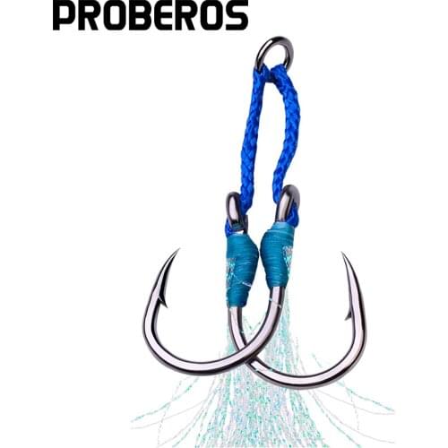 PROBEROS 5 Pack Jig Fishing Hooks 1/0-3/0-5/0-7/0-9/0-11/0-13/0# Slow Assist Hooks Double Twin Hooks Slow Feather Fishhooks