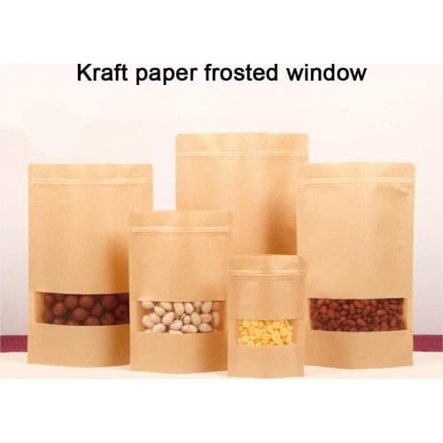 50Pcs/Set Kraft Paper Zip Lock Brown With Window Stand Up Bags Tea Coffee Bean Candy Wedding Packaging Food Storage Pouch