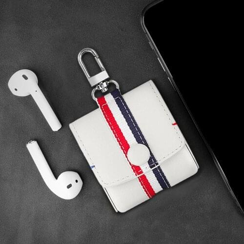 Black White Airpod 2 Case Cover Leather Superior Quality Airpods 2 Case Leather Stripe Earphone Case bag Headphone Pouch
