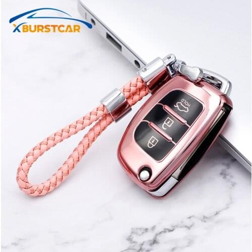 For Hyundai Solaris Tucson Sonata Santa Fe Sport Verna I10 I20 Ix25 Ix35 Elantra Creta TPU Car Folding Key Case Cover Keychain