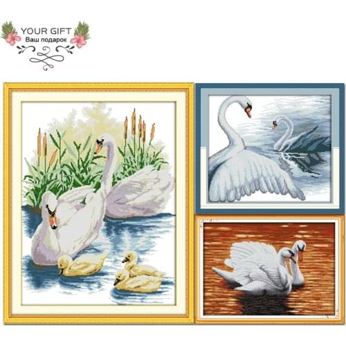 Joy Sunday Swans Home Decor D336D657(3)D819 Counted Stamped Swan Family Animal Needlework Cross Stitch Kit