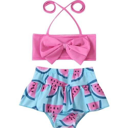 Kid Girls Two-piece Swimming Clothes Set Halter Neck Sleeveless Tops and Printed Pattern Shorts Kid Swimwear