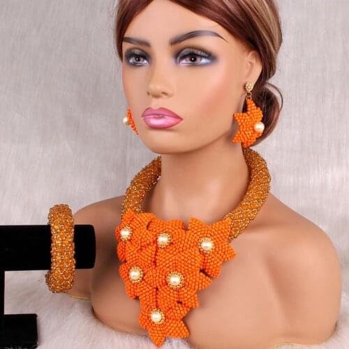 Dudo Jewerly Sets African For Women Orange and Gold Nigerian Weddings Bridal Necklace Set 2020 New Fashion Dubai Jewellery Set