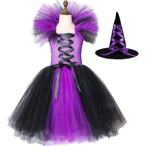 Girls Witch Tutu Dress with Hat Black Purple Child Kids Party Dresses for Girls Halloween Carnival Cosplay Witch Costume Clothes