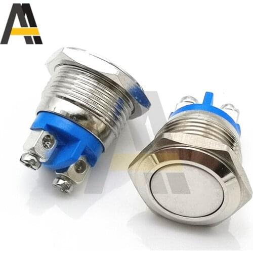 16mm Mini Metal Push Button Switch IP65 Waterproof Nickel Plated Brass Press Button Self-reset Flat Round 250V 5A With Terminal