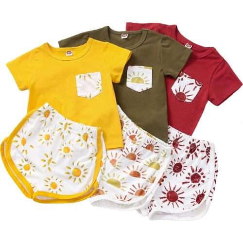 2Pcs Fashion New Toddler Summer Clothes Set Sun Printed Short Sleeve T shirt+Elastic Waist Shorts Outfits for Baby Girls