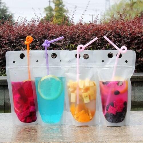 Clear Drink Pouches Bags frosted Zipper Stand-up Plastic Drinking Bag with straw LX6228