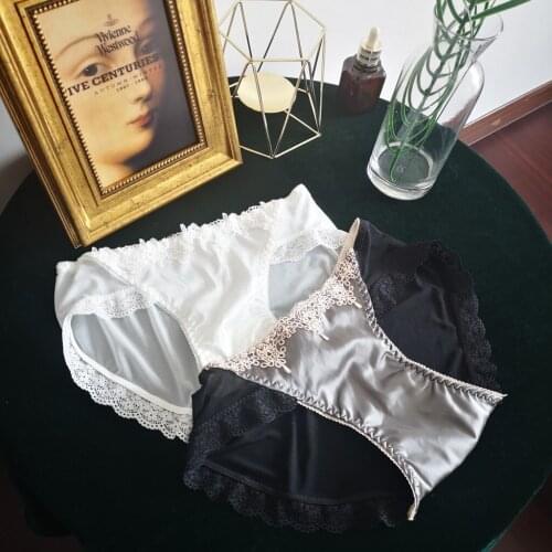 European Style Sexy Panties Women Lace Silk Satin Underpants Seamless Sexy Briefs Mid Waist Flower Panties Women Thin Underwear