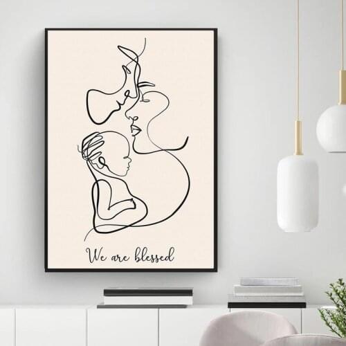 Family Portrait Mom Dad Baby Line Drawing Canvas Painting Poster Print Wall Art Abstract Minimalist Picture New Parent Baby Gift