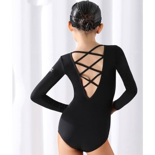 Backless Latin Dance Tops Kids Girls Latin Dancing Leotards V-Neck Long Sleeve Training Wear Children Samba Cha Cha Shirt BL5166