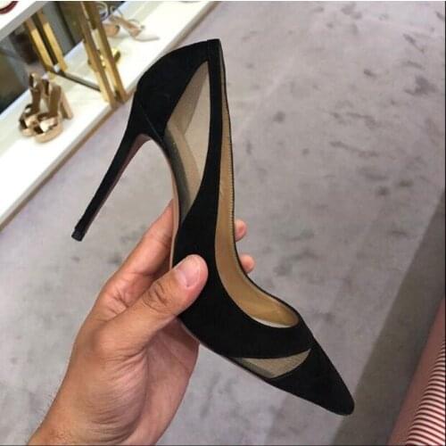 Newest Black Beige Suede Patchwork High Heel Pump Mesh See Through Shallow Dress Shoes Stiletto Heels Party Heel Banquet Shoes