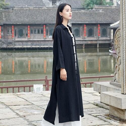 Spring Summer Retro Womens Button Cardigan Coat Female Long Sleeve Pure Color Double Layer Cotton Linen Loose Long Robe