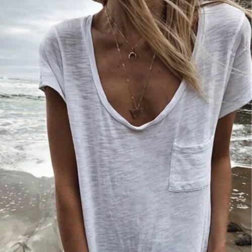 Casual Loose Tops New Summer Women V Neck Large Neckline Short Sleeve Solid Color Pockets Long T Shirt