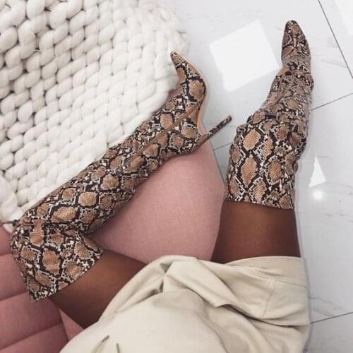 Moraima Snc Sexy Snakeskin High Heel Boots Women Pointed Toe Thigh High Boots Thin Heels Over the knee Shoes