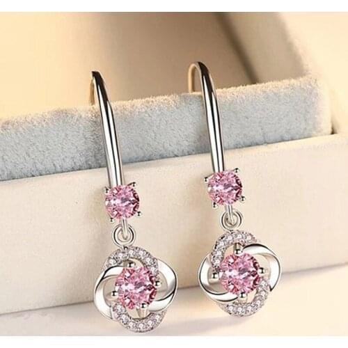 Boho Female Crystal Pink Blue White Drop Earrings Fashion 925 Silver Zircon Stone Earrings Small Round Dangle Earrings For Women